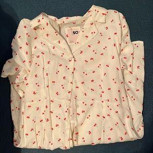 SO white cherry print midi dress button up